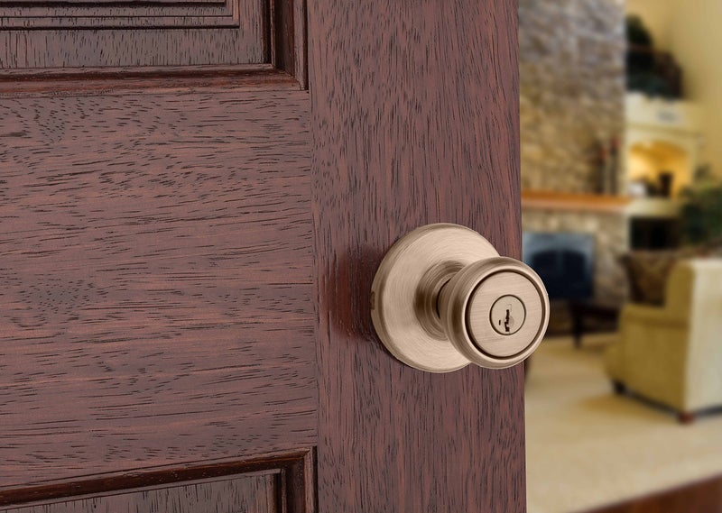 Kwikset Tylo Entry Door Knob with Lock and Key  Secure Keyed Handle Exterior  Front Entrance and Bedroom  Antique Brass  Pick Resistant SmartKey Rekey Security and Microban - Image 3